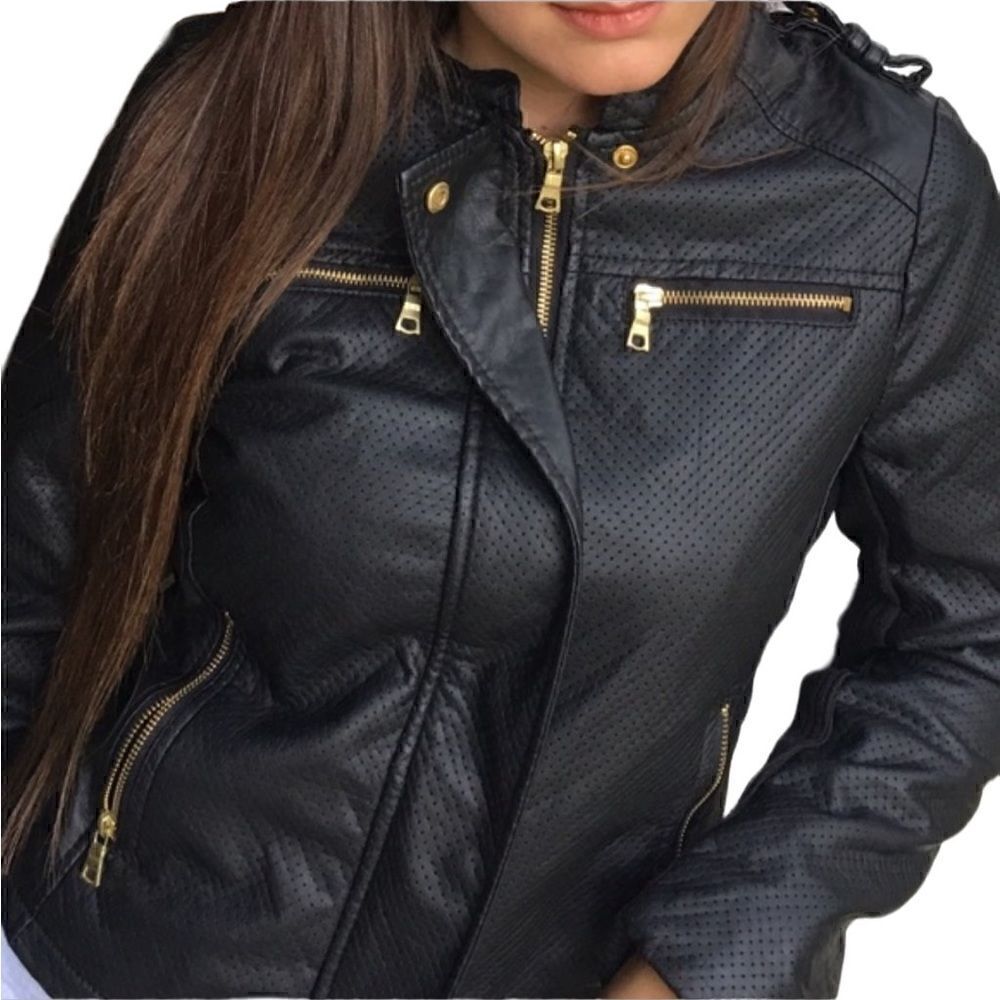 Therapy- Women’s Vegan Faux Leather Black Moto Jacket with Gold Hardware, Size M